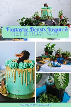 a collage of photos with green and blue cake, plants, and rubber ducks