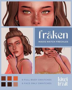 an animated image of a woman with freckles on her face and the words fraken maxs match freckles