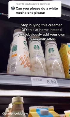 an image of some milks in a fridge with the caption saying, can you please do a white mocha one please?