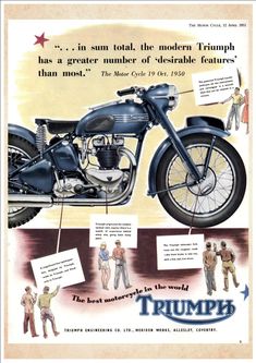 an advertisement for the triumph motorcycle, with pictures of men and women standing around it