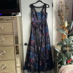 Worn Once, Excellent Condition; Waist 15.5”; Pit To Pit -18.5”; Length -59.5” Black Floral Print Evening Dress, Fitted Black Evening Dress With Floral Print, Mesh Maxi Dress, Adrianna Papell Dresses, Adrianna Papell, Cottage Core, Black Blue, Blue Black, Sequin