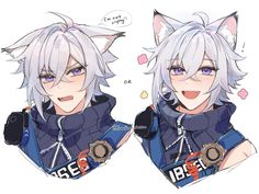 two anime characters with white hair and blue eyes, one is wearing a cat costume