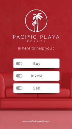 a red couch sitting in front of a sign that says pacific playa is here to help you