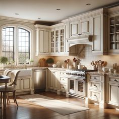 a kitchen filled with lots of white cabinets and counter top space next to a dining room table