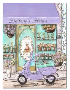 a drawing of a scooter parked in front of a flower shop