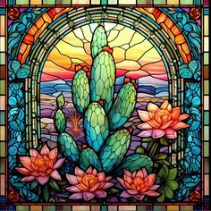 a stained glass window with a cactus and flowers