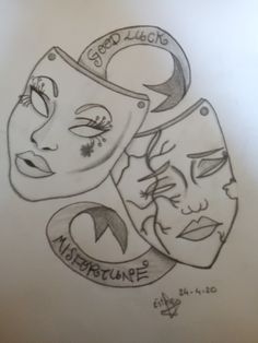 a drawing of two masks with the words misspunges on their faces and one has