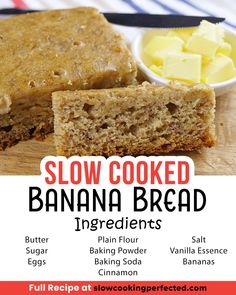 the ingredients for this banana bread recipe are displayed on a cutting board with text overlay