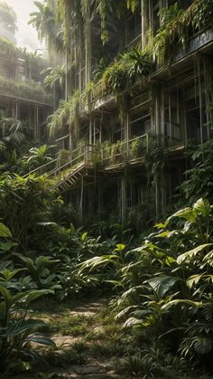 a building that is surrounded by lots of plants and greenery on the side of it