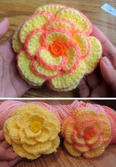 crocheted flowers are being displayed in two different pictures, one is yellow and the other is pink