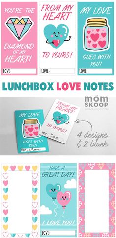 the lunchbox love notes are shown in pink, blue and yellow