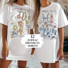 Birthday Party Matching Shirt Party Favor Keepsake Personalized Zodiac Tshirt Affirmation Tee Astrology Tshirt Birthday Celestial Gift Witchy Gift Best Friend ♡ ITEMS SPECIFICATIONS  ------------------------------------------- COMFORT COLORS t-shirt ❥ 100% ring-spun cotton ❥ Fabric weight: 6.1 oz/yd² (206.8 g/m²) ❥ Yarn diameter: 20 singles ❥ Garment-dyed, pre-shrunk fabric ❥ Relaxed fit ❥ 7/8″ double-needle topstitched collar ❥ Twill-taped neck and shoulders for extra durability ❥ Double-needle White Screen Print Shirt For Birthday, Printed Crew Neck Top For Birthday, Birthday Short Sleeve Printed Tops, Printed White T-shirt For Birthday, White Printed T-shirt For Birthday, Printed Short Sleeve Tops For Birthday, Summer Birthday T-shirt With Sublimation Print, Zodiac Party, Zodiac Tshirt