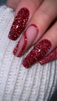 Red Sparkly Valentines Day Nails, New Year Nails Design 2022 Red, Red Nail Designs Sparkly, Red Ball Nails, Red Sparkly Prom Nails, Gold And Red Prom Nails, Wine Red Prom Nails, Sparkling Red Nails, Red Sns Nails Designs