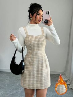 Women's Checkered Pinafore Dress, Elegant And Versatile, Autumn/Winter Mini Short Women Outfit Yellow Casual  Sleeveless Woven Fabric Colorblock,Plaid Pinafore Non-Stretch  Women Clothing, size features are:Bust: ,Length: ,Sleeve Length: Tweed Overall Dress, Short Women Outfits, Realistic Fashion, Pink A Line Dress, 70s Fashion Dresses, Tweed Dress, Pinafore Dress, Vestido Casual, Overall Dress