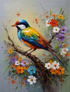 a painting of a colorful bird sitting on a branch with white and orange flowers in the background