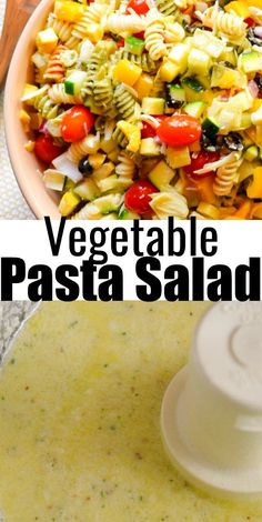 vegetable pasta salad in a white bowl with a serving spoon on the side and an image of