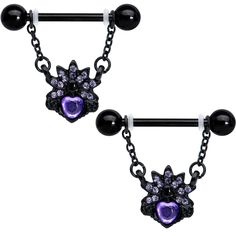 14 Gauge 9/16 Purple Gem Black Skull Blossom Dangle Nipple Ring Set - Surgical Grade Stainless Steel Nipple Ring Dangle - Body Candy Dark And Creepy, Dream Piercings, Lip Piercing Jewelry, Cool Piercings, Purple Gems, Body Jewelry Piercing, Black Skull, Lip Piercing, Pretty Necklaces