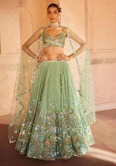 Prevasu-Light Green Net Lehenga Set-INDIASPOPUP.COM Indian Wedding Dress Traditional, Lehenga Silk, Guest Ideas, Baju Kahwin, Embroidered Birds, Asian Clothing, Green Lehenga, Muted Green, Vacuum Storage