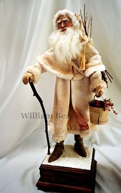 an old man dressed as santa claus holding a cane and potted plant in his hand