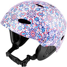 a helmet with colorful designs on the front and side of it, sitting on a white background