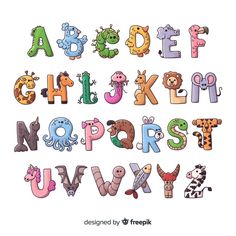 the alphabet is made up of animals and letters with different font styles, including one for each letter