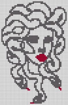 a cross stitch pattern that looks like the head of a woman with red eyes and hair