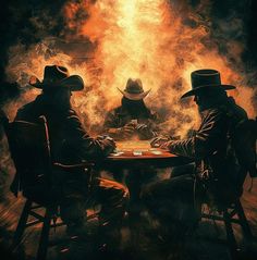 two men sitting at a table in front of a fire filled room with hats on