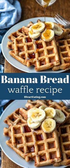 banana bread waffles with syrup and bananas on top