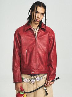 The Faux Leather Spliced Jacket in red is a bold fusion of retro design and contemporary craftsmanship. Featuring a deconstructed, spliced construction, this jacket stands out with its unique patchwork and zipper detailing. The multi-pocket design adds both style and functionality, while the embroidered logo on the back enhances its streetwear appeal. Crafted from premium faux leather, this jacket offers a slightly oversized fit, making it a statement piece for any wardrobe. Deconstructed splice Red Biker Jacket With Long Sleeves, Red Biker Jacket With Zipper For Streetwear, Red Patchwork Outerwear For Streetwear, Red Leather Jacket With Zipper For Streetwear, Red Fall Outerwear With Patch Pockets, Red Retro Leather Jacket For Streetwear, Urban Red Outerwear For Fall, Red Fall Biker Jacket With Pockets, Red Leather Biker Jacket For Streetwear