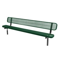 a green park bench sitting on top of a metal frame