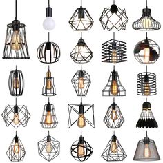 many different types of light bulbs hanging from wires and lightshades, all in various shapes and sizes