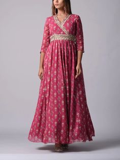 Shop Pink Georgette Anarkali Gown Online | Vasansi Jaipur Latest Anarkali Designs, Pink Georgette Anarkali, Anarkali Suits Latest, Printed Anarkali Suits, Anarkali Designs, Georgette Anarkali, Evening Gowns With Sleeves