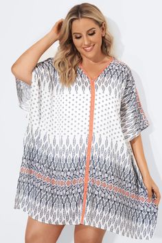 Plunging V-Neck Double Side Slits Cover Up Contrasting Trim, Plus Size Swimsuits, Fashion Gallery, Swim Cover, Trim Detail, Contrast Trim, Trendy Plus Size, Dolman Sleeve, Casual Dress