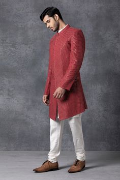 Maroon sherwani with embroidered detail. Paired with kurta and churidar.
Components: 3
Fabric: Pure Georgette
Neckline: Mandarin
Sleeve Length: Full
Color: Maroon
Embroidered
Textured embroidery - Aza Fashions Red Kurta With Naqshi In Traditional Drape, Designer Red Kurta With Naqshi Details, Red Naqshi Kurta With Traditional Drape, Reception Kurta With Dabka For Diwali, Dabka Detailed Kurta For Reception And Diwali, Dabka Kurta For Reception And Diwali, Reception Dabka Kurta For Diwali, Red Dabka Sherwani For Designer Wear, Red Sherwani With Resham Embroidery For Reception