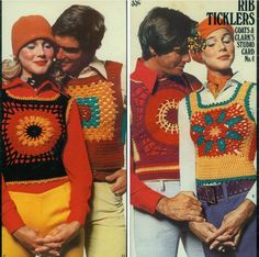 two pictures of people in crocheted sweaters and hats, one is kissing the other