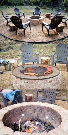 an outdoor fire pit with chairs around it