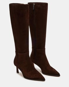 LUCID Brown Suede Pointed Toe Kitten Heel Boot | Women's Boots – Steve Madden Boots For Petite Women, Kitten Heel Boots, Madden Boots, Brown Suede Boots, Steve Madden Boots, Heel Boot, Fashion Catalogue, Petite Women, Kitten Heel