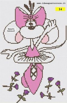 a cross stitch pattern with pink flowers and bows