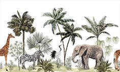 an elephant, giraffe and zebras are in the jungle with palm trees