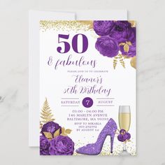 Purple Gold Stiletto Champagne Adult Birthday Invitation 50th Birthday Purple And Gold, Purple And Gold Birthday Invitations, Purple And Gold 50th Birthday Party, Gold And Purple Birthday Decorations, Purple Birthday Decorations, Purple Birthday Invitations, 53rd Birthday, 75th Birthday Parties, Champagne Birthday