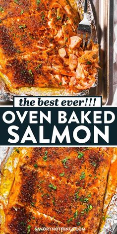 the best ever oven baked salmon in foil with text overlay that says oven baked salmon