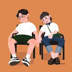 two people sitting in chairs with one looking at the other