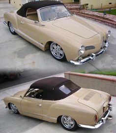 an old car parked in front of a house with the top down and the bottom up