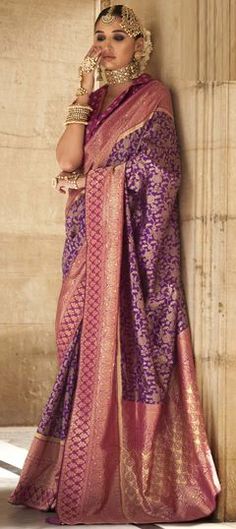 Purple and Violet color Saree in Viscose fabric with Weaving, Zari work Reception Saree, Purple Weave, Purple Saree, Banarasi Silk Saree, Wedding Saree Indian, Half Sleeve Blouse, Contrast Blouse, Zari Work, Purple Fabric