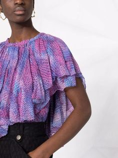 Isabel Marant Angele Printed Blouse - Farfetch Blouse Purple, Blue Silk, Low Back, Asymmetric Hem, Printed Blouse, Isabel Marant, Abstract Pattern, One Shoulder Blouse, Short Sleeves Tops