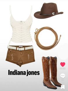 the indiana jones outfit is shown with cowboy boots and a hat on it's head