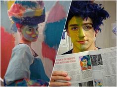 two photos, one with blue hair and the other with yellow face paint on it