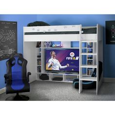 a white loft bed with a blue chair and bookcase underneath it in a child's bedroom