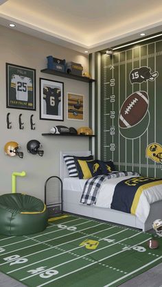 a bedroom decorated in green and yellow with footballs on the wall, bedding and rug