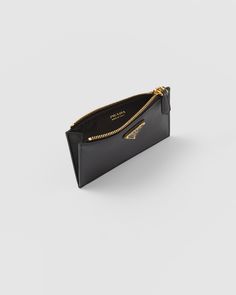 Black Saffiano leather card holder | PRADA Classic Leather Wallet With Metal Logo, Elegant Formal Card Holder With Zipper Closure, Formal Card Holder With Zipper Closure, Prada Mini, Line Branding, Prada Saffiano, Prada Wallet, Leather Card Holder, Black Wallet